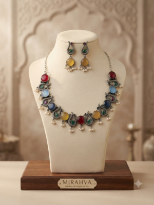 Mirahva Multicolour Oxidised Silver Statement Necklace & Earrings Set