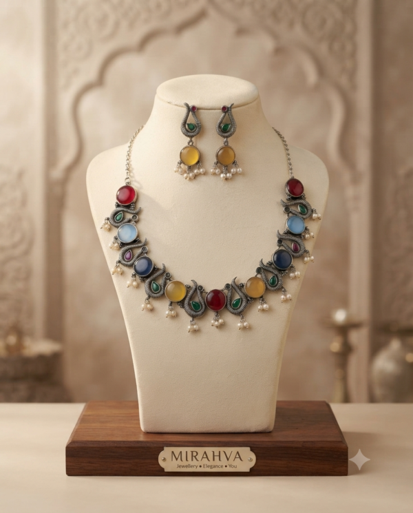 Gemini_Generated_Image_1o64r51o64r51o64 Mirahva Multicolour Oxidised Silver Statement Necklace & Earrings Set