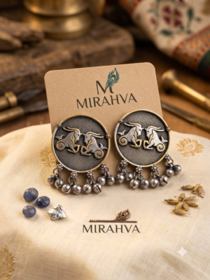 Mirahva Traditional Ram Motif Oxidized Silver Statement Earrings with Hanging Beads