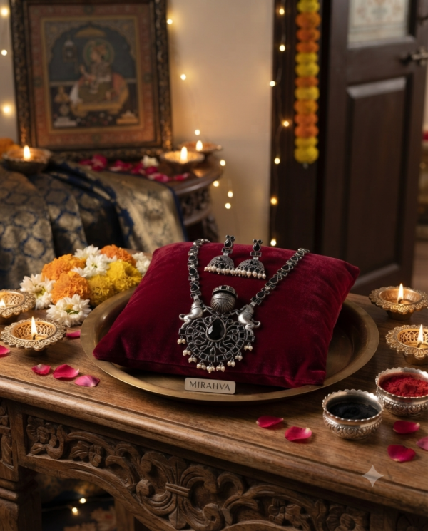 Gemini_Generated_Image_87gvmf87gvmf87gv Mirahva Ganesh Heritage Oxidized Silver Necklace & Jhumka Earrings Set