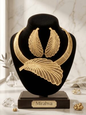 Mirahva Aurum Ruby Royal Bridal Necklace Set | Luxury Gold-Tone Feather Statement Jewellery Set