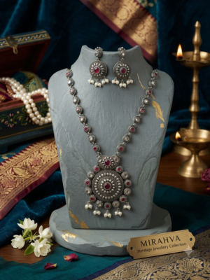 Mirahva Heritage Ruby Oxidised Silver Necklace Set with Statement Earrings