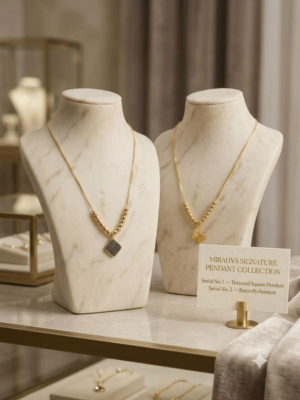 Mirahva Signature Pendant Necklace | Gold-Tone Beaded Chain | Square & Butterfly Pendant Designs