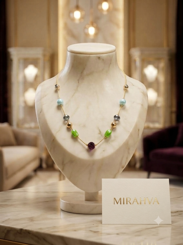 Mirahva Artisan Beaded Statement Necklace – Aqua Blue, Coral & Teardrop Pendant