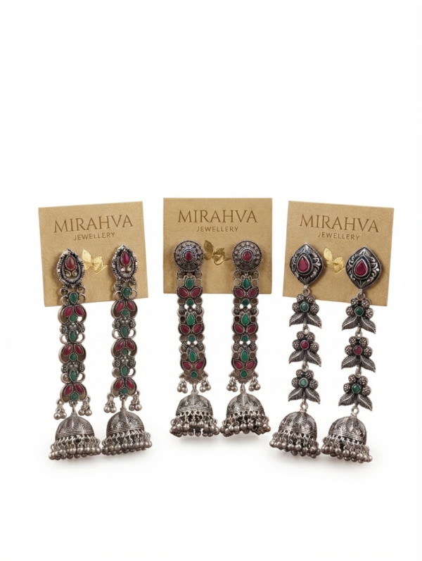Mirahva Traditional Oxidized Silver Jhumka Drop Earrings with Red & Green Stone Detailing