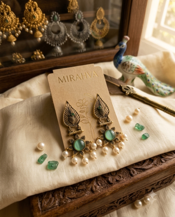 Mirahva Emerald Green Stone & Pearl Antique Gold Drop Earrings for Women