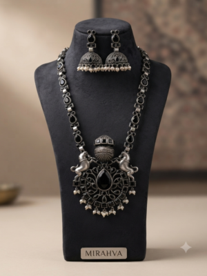 Mirahva Ganesh Heritage Oxidized Silver Necklace & Jhumka Earrings Set
