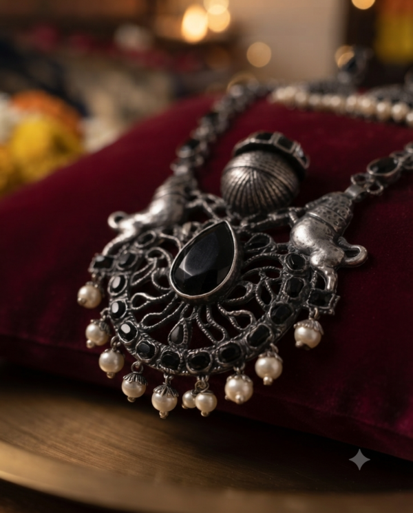 Gemini_Generated_Image_e18tyye18tyye18t Mirahva Ganesh Heritage Oxidized Silver Necklace & Jhumka Earrings Set