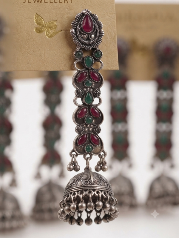 Mirahva Traditional Oxidized Silver Jhumka Drop Earrings with Red & Green Stone Detailing