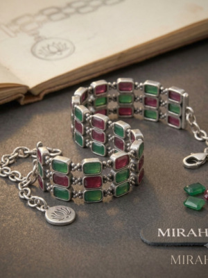 Mirahva Green & Maroon Stone Oxidised Silver-Tone Bracelet with Lotus Charm