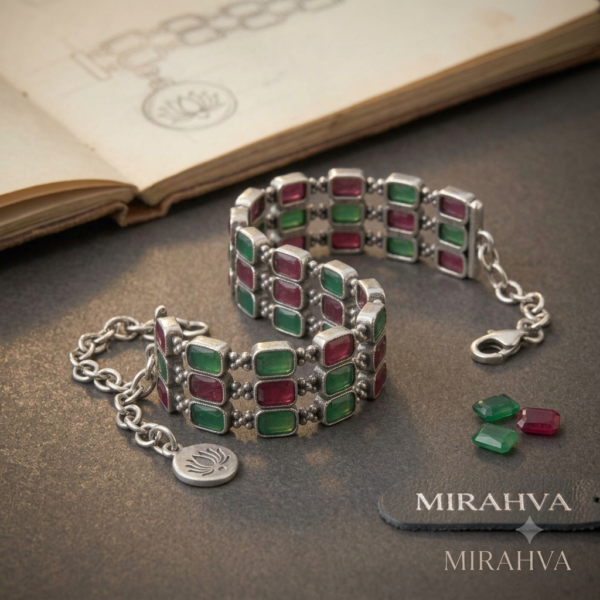 Gemini_Generated_Image_g0iet4g0iet4g0ie Mirahva Green & Maroon Stone Oxidised Silver-Tone Bracelet with Lotus Charm
