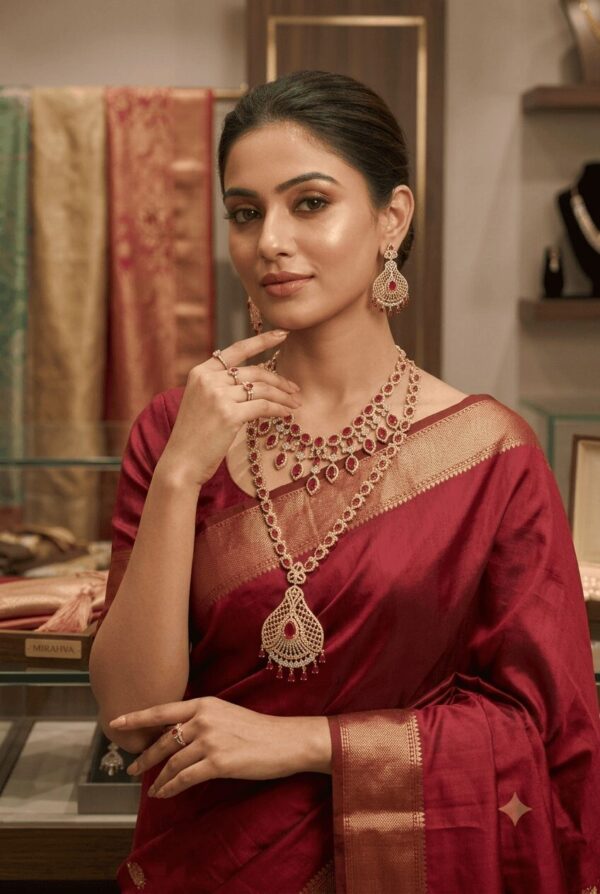 Mirahva Aurum Ruby Royal Bridal Necklace Set – Elegant Gold-Tone Ruby Statement Jewellery with Matching Earrings