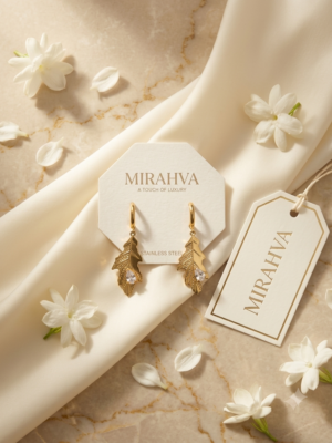Mirahva Golden Leaf Drop Earrings for Women | Elegant Crystal Accent Earrings