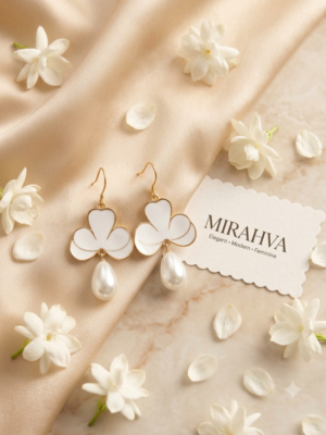 Mirahva Elegant White Floral Enamel Pearl Drop Earrings for Women