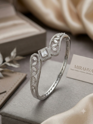 Mirahva Luxe Silver Crystal Leaf Open Cuff Bracelet for Women