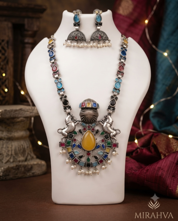 Gemini_Generated_Image_kqy0wckqy0wckqy0-1 Mirahva Multicolour Oxidised Statement Necklace Set with Matching Earrings