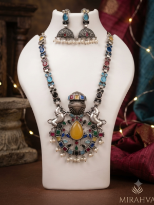 Mirahva Multicolour Oxidised Statement Necklace Set with Matching Earrings