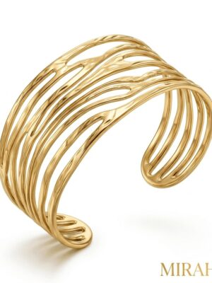 Mirahva Luxe Gold Layered Wave Open Cuff Bracelet for Women | Premium Adjustable Statement Gold Cuff | Contemporary Fashion Jewelry