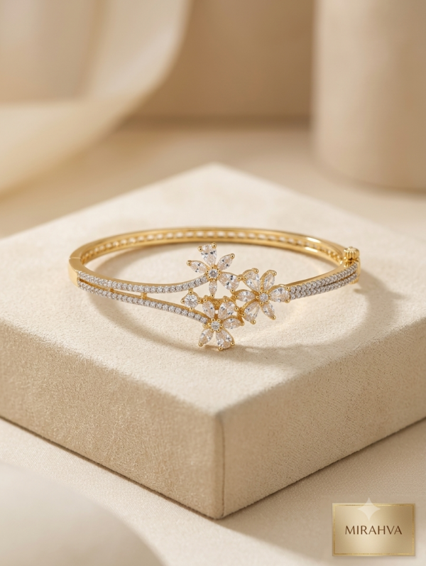 Mirahva Floral Crystal Gold-Tone Open Bangle Bracelet for Women