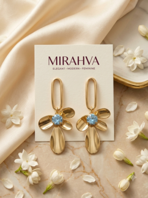 Mirahva Floral Blue Crystal Gold-Tone Drop Earrings for Women