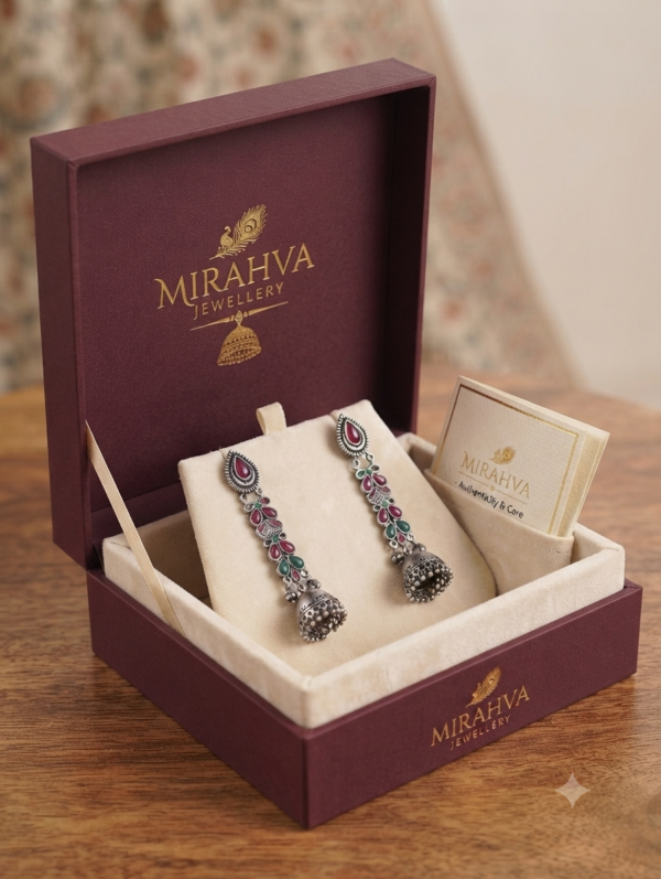 Mirahva Traditional Oxidized Silver Jhumka Drop Earrings with Red & Green Stone Detailing