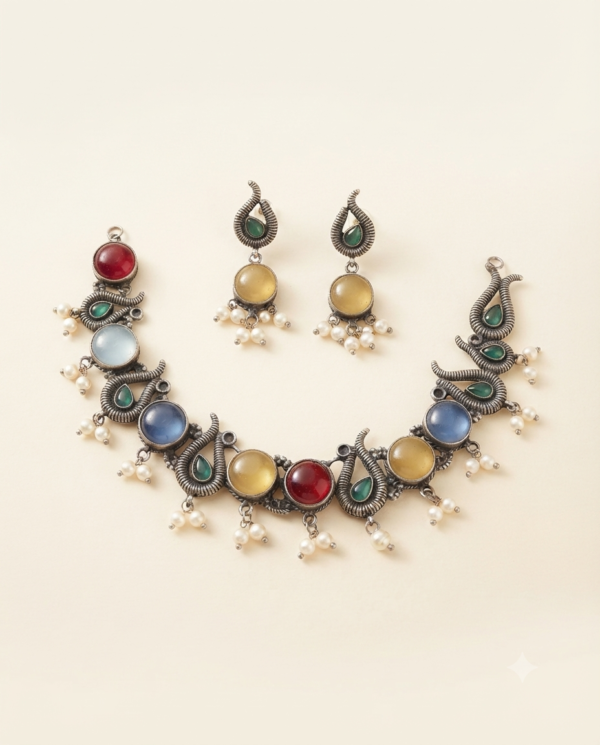 Gemini_Generated_Image_o0q3mjo0q3mjo0q3 Mirahva Multicolour Oxidised Silver Statement Necklace & Earrings Set