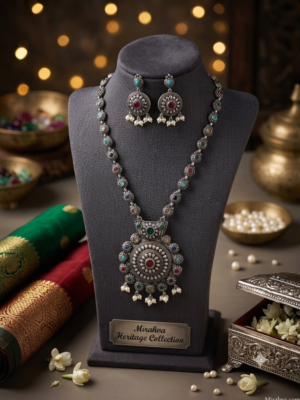 Mirahva Jaipur Heritage Oxidized Silver Necklace Set with Matching Earrings
