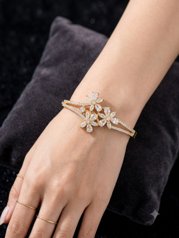 Mirahva Floral Crystal Gold-Tone Open Bangle Bracelet for Women