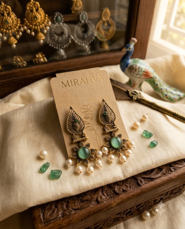 Mirahva Emerald Green Stone & Pearl Antique Gold Drop Earrings for Women