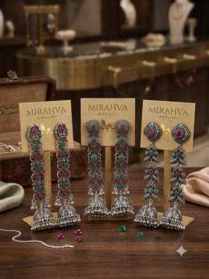 Mirahva Traditional Oxidized Silver Jhumka Drop Earrings with Red & Green Stone Detailing