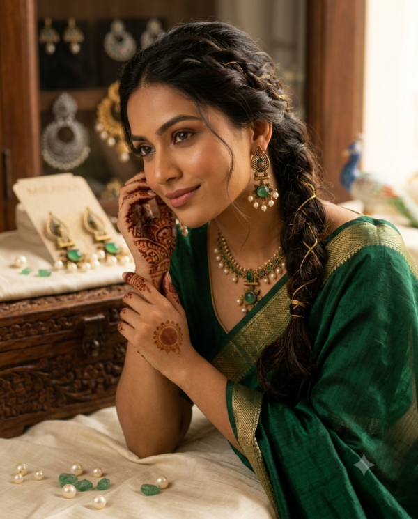 Mirahva Emerald Green Stone & Pearl Antique Gold Drop Earrings for Women