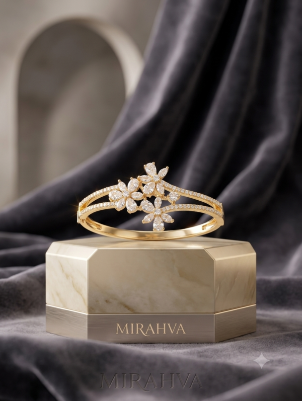 Mirahva Floral Crystal Gold-Tone Open Bangle Bracelet for Women