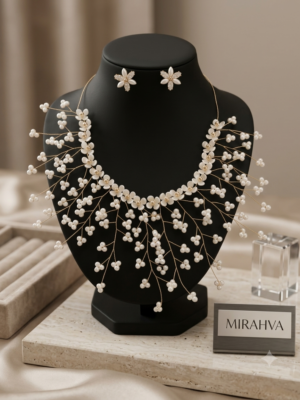 Mirahva Pearl Bloom Gold-Tone Statement Necklace & Floral Earrings Set for Women