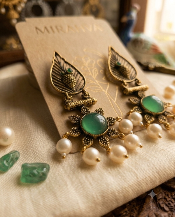 Mirahva Emerald Green Stone & Pearl Antique Gold Drop Earrings for Women